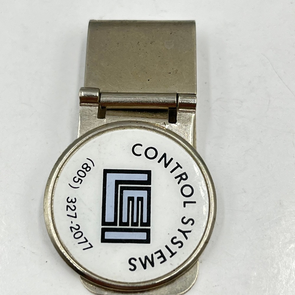 Vintage LEI Control‎ Systems Money Clip & Tie Bar Set, White Enamel Logo (805)